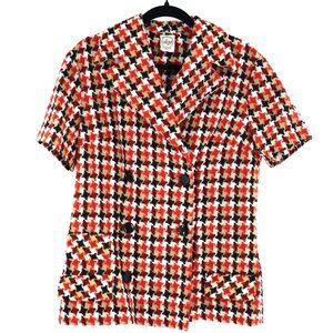 Vintage-Inspired Houndstooth Short Sleeve Jacket - Red/Black/White